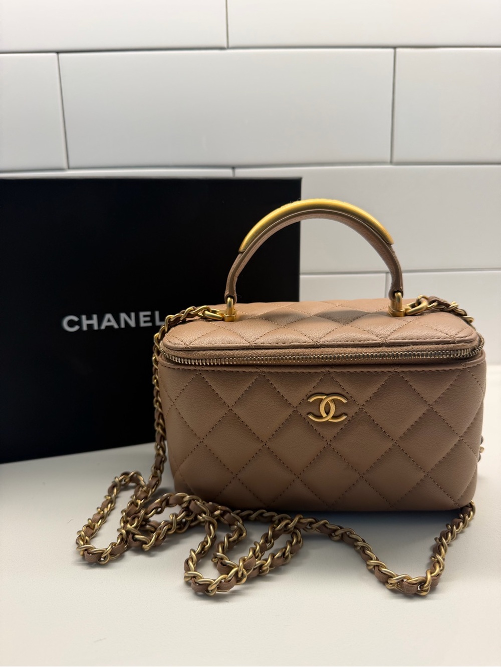 CHANEL Quilted Taupe Leather Vanity Crossbody with Gold Chain